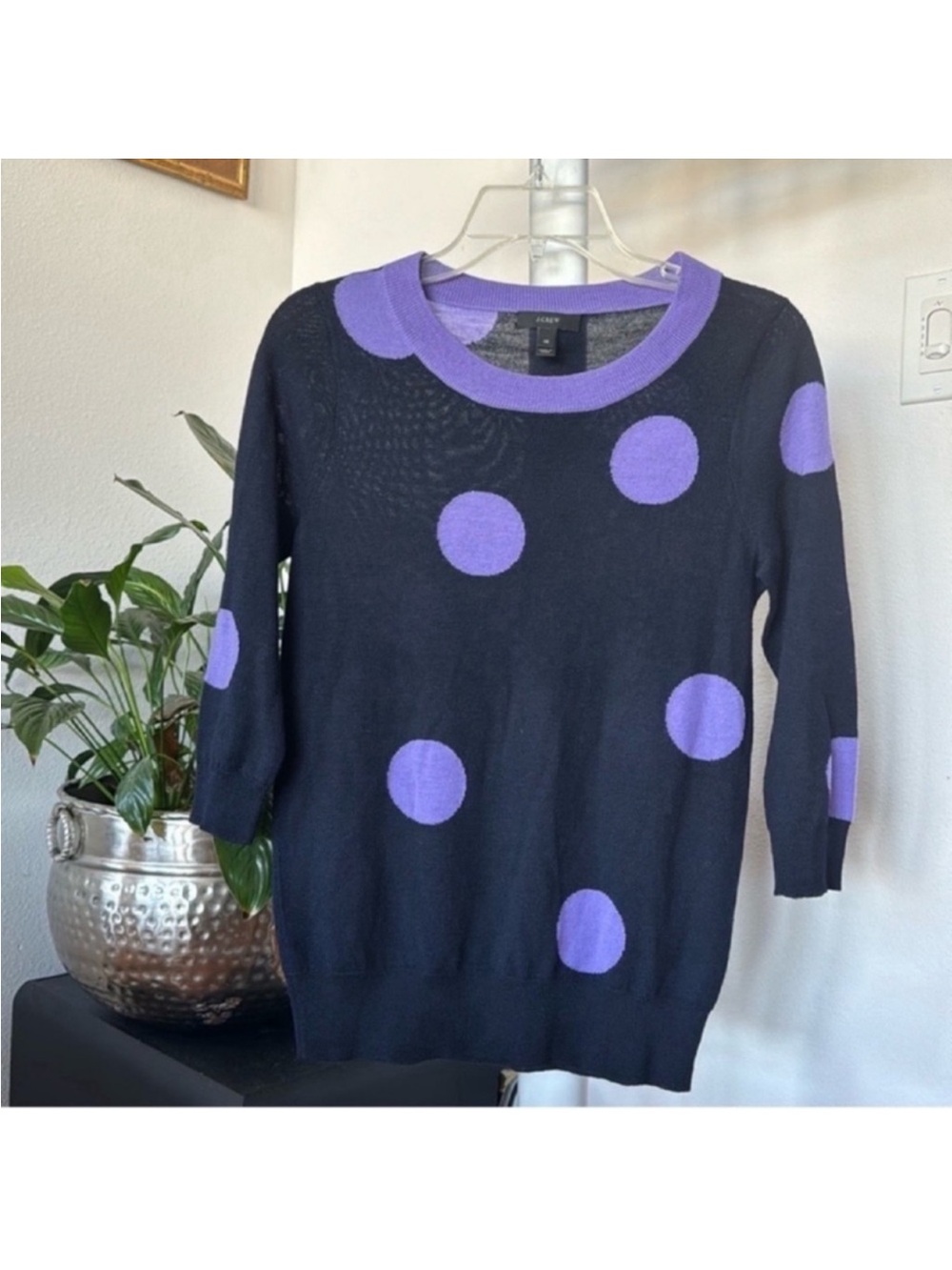 J.CREW 100% Merino Wool Tippi Sweater Polka Dot Sz XS Lightweight Navy Purple